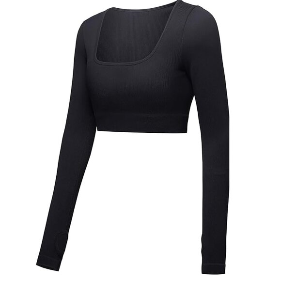 Ribbed Crop Top with Thumb Holes Black S - Picture 4 of 9